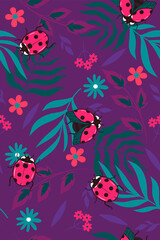Seamless pattern with ladybirds and leaves. Vector graphics.