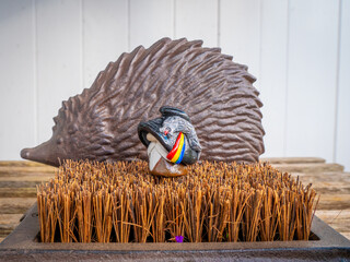 Romanian Gnome in front of a Metal Hedgehog in the Garden