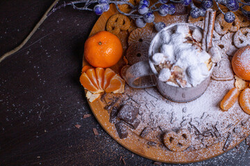 A mug of hot chocolate with cream and cinnamon stick marshmallow