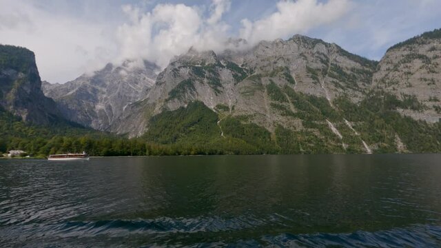 Boat sailing on the beautiful Konigsee lake in Berchtesgaden, Bavaria, Germany. Boat view