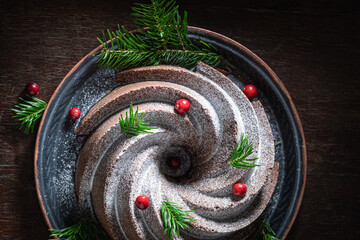 Fototapeta na wymiar Sweet chocolate cake as snack for Christmas.