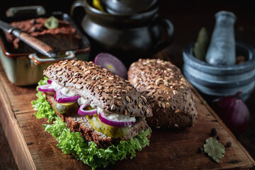Homemade pate sandwich made of tasty ingredients for breakfast.