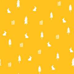 Happy new year and Christmas celebration seamless pattern with white rabbit silhouette,fir tree and gift boxes on orange background,bright print for wallpaper,cover design,packaging,holiday decor