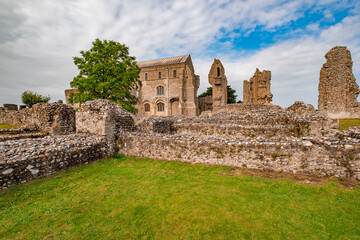 The stone and flint remains of a thirteenth century disused and derelict priory in the English countryside. A well preserved historical site that is well worth visiting.