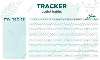 Modern tracker with green ellements. June Planner useful habits