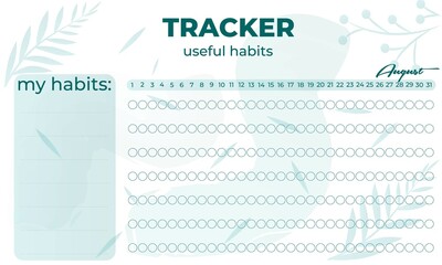 Modern tracker with green ellements. August Planner useful habits