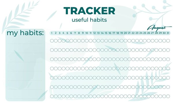 Modern tracker with green ellements. August Planner useful habits