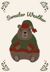 New Year card with a teddy bear. Teddy bear in a winter sweater. Snowflakes. Doodle illustration. Winter vector postcard.