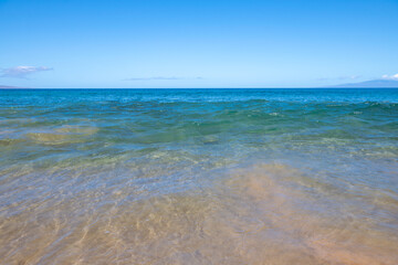 Sea view, nature background. Azure beach with and clear ocean water at sunny day.