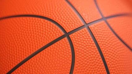 Basketball ball background. Close up of orange basketball ball with realistic dimple texture. Depth of field. 3d rendering