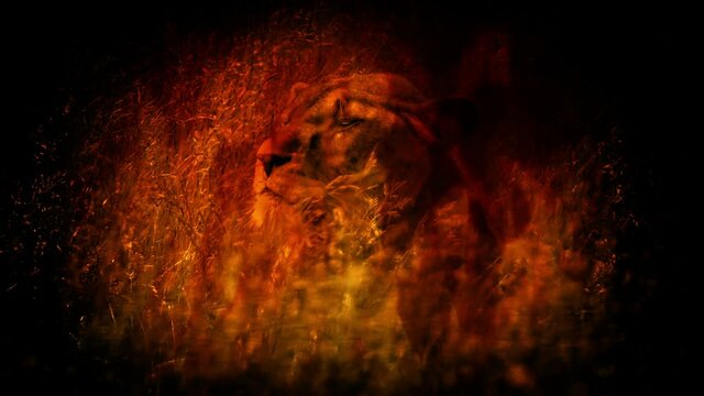 Lioness Looks Up In Fire With Glowing Eyes