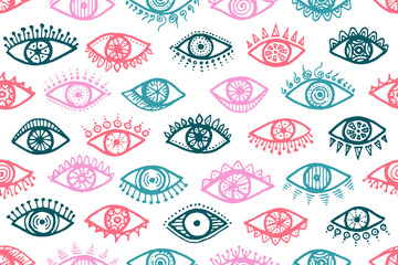 Doodle open eyes psychedelic seamless ornament.