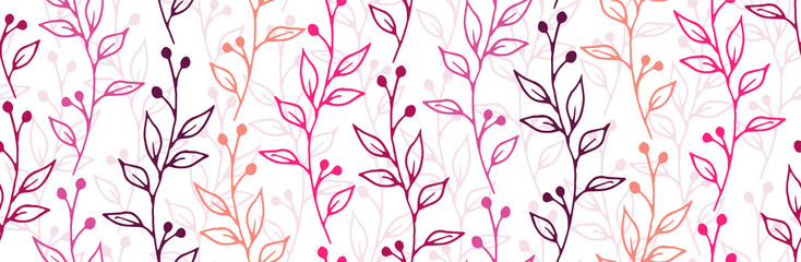 Berry bush twigs hand drawn vector seamless background. Fine floral fabric print. Wild plants foliage and stems illustration. Berry bush sprigs doodle repeating background