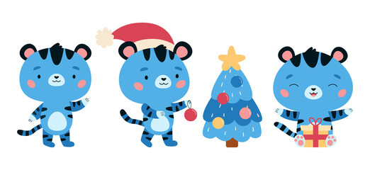 Set of New Year symbol - blue tiger. Kawaii cartoon character. Tigers with Christmas tree and presents. Cute jungle animals. Vector illustration for children.