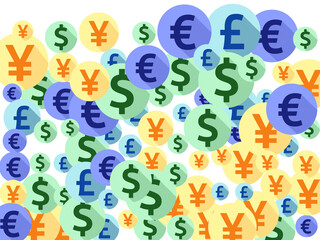 Euro dollar pound yen round signs flying money vector background. Payment concept. Currency symbols