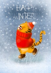Happy winter card with cute little tiger the symbol of 2022 skating, winter illustration with the cartoon character © MiriShagal