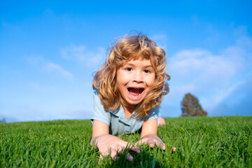 Portrait of a excited funny boy in the park. Funny little boy playing in garden backyard laughing and having fun. Summer outdoors activity for kids. Expression face.