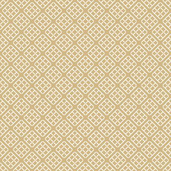 Minimalistic abstract pattern of formed shapes with small squares, diamonds and straight lines. Such a seamless gold ornament is used for wallpapers, covers, clothes, textile, business cards