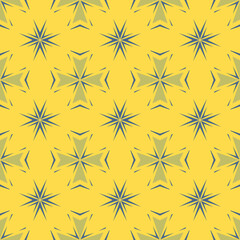 Seamless floral geometric pattern. Ornamental abstract illustration with yellow, green, teal lines, flowers, leaves. Vector modern texture. Beautiful design used for wallpaper, textile, clothes