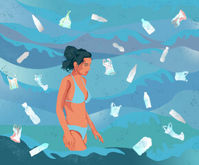 Młoda kobieta w stroju kąpielowym plastikowe butelki i reklamówki w  wodzie - obrazy, fototapety, plakaty