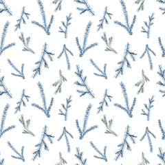 Watercolor winter blue leaves seamless pattern. Hand drawn blue Christmas illustration for greeting cards, invitations, winter holiday party decor.
