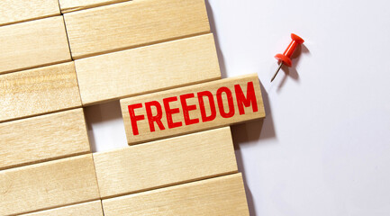 Two-directional metal signpost indicating Freedom and Tyranny directions over blue sky