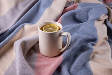 Autumn composition of soft warm scarf in pastel colors and ceramic mug with hot tea with lemon. Selective focus.