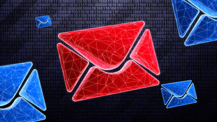 Infected red e-mail icon as 3D mesh is detected during scan on dark hi-tech background in binary cyberspace. 3D Illustration.