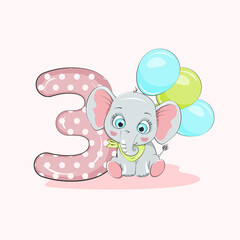 Cute baby elephant with number three and balloons for the third month or third year. Vector character. Beautiful cartoon element for kids birthday invitations, greeting cards .
