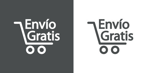 Logotipo con texto Envío Gratis en español con silueta de carrito de la compra con lineas en fondo gris y fondo banco