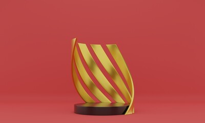Dark podium with gold spiral decor isolated on red background. 3D illustration.