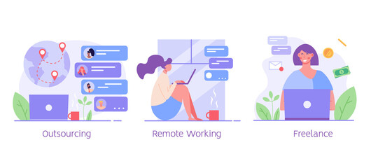 Freelance collection. Freelancer woman working at home. Freelancers in chat. Global outsourcing, remote working and home office. Work chat. Vector illustration for web design