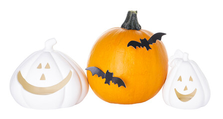 Halloween decorations. Halloween pumpkins and bats isolation on a white background