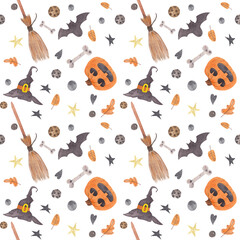 Seamless pattern on a white background for the holiday of Halloween drawn by watercolor. Suitable for use in textiles, wallpaper, wrapping paper, postcards