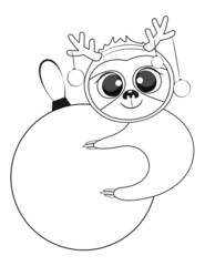 Christmas baby sloth colouring book page. Vector illustration.