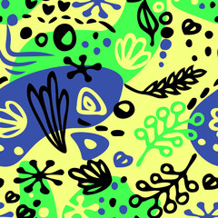 Bright background with doodle symbols. Hawaiian theme, abstraction. Color spots are yellow, green.blue, black. Background for postcards, printing. A vector image.