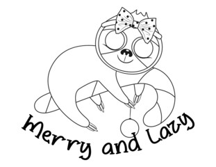 Christmas baby sloth colouring book page. Vector illustration.