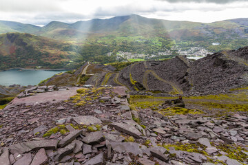 Dinorwic slate quarry and Llanberis, sun rays. Unesco World Heritage area, landscape.