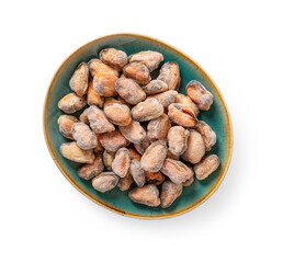 Iced cooked mussel meat on an oval ceramic plate isolated on a white background. Frozen shellfish. Peeled mussels as ingredient of tasty seafood recipes and omega-3 protein healthy eating