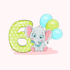 Cute baby elephant with number six and balloons for the sixth month or sixth year. Vector character. Beautiful cartoon element for kids birthday invitations, greeting cards or poster.