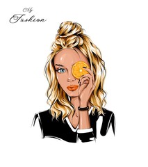 Beautiful blond hair girl holding orange slice. Fashion woman. Pretty girl. Fashion illustration.