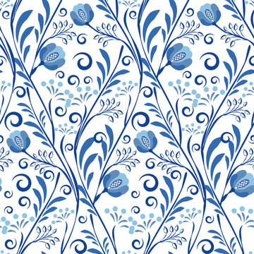 Traditional blue on white seamless pattern with flower roses, curls and leaves. Design in Chinese style. Russian motif decoration. Floral tiled repetitive ornament. Oriental print.