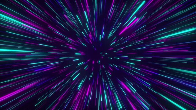 Glowing NEON RAYS motion in SPACE, lightspeed journey through time continuum. 3D ANIMATION with blue pink neon lights. FUTURISTIC and ABSTRACT colorful background. WALLPAPER. DIGITAL Design Concept.