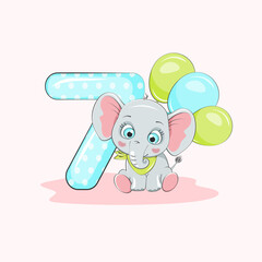 Cute baby elephant with number seven and balloons for the seventh month or seventh year. Vector character. Beautiful cartoon element for kids birthday invitations, greeting cards.