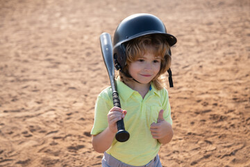 Fototapeta na wymiar Boy kid posing with a baseball bat. Portrait of child playing baseball.
