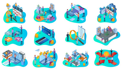Office work team cash payments social networks teamwork brainstorming.A set of isometric icons vector illustrations on the topic of business and technology.