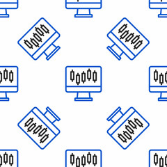 Line Computer with stocks market growth graphs and money icon isolated seamless pattern on white background. Monitor with stock charts arrow on screen. Colorful outline concept. Vector