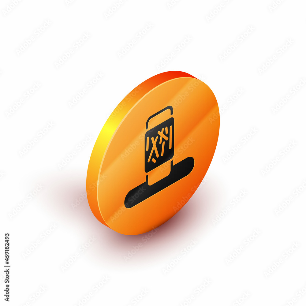 Poster isometric cat scratching post with toy icon isolated on white background. orange circle button. vect