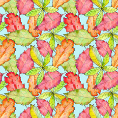 autumn leaves. cute pattern of beautiful prints of leaves painted watercolor by hand.