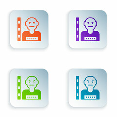 Color Suspect criminal icon isolated on white background. The criminal in prison, suspected near the board. Set colorful icons in square buttons. Vector
